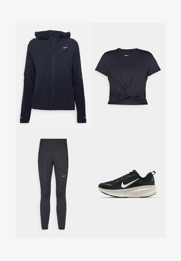 Nike Performance SWIFT - Running jacket - black/reflective silver; Black athletic t-shirt made of smooth fabric, featuring a knotted front design and a small white Nike logo on the chest.; Black leggings made of stretchy fabric, featuring a high waistband and a white Nike logo on the left thigh. Smooth texture, form-fitting design.; Black Nike running shoe with breathable mesh upper, white swoosh logo, textured detailing, and a cream-colored ZoomX midsole.