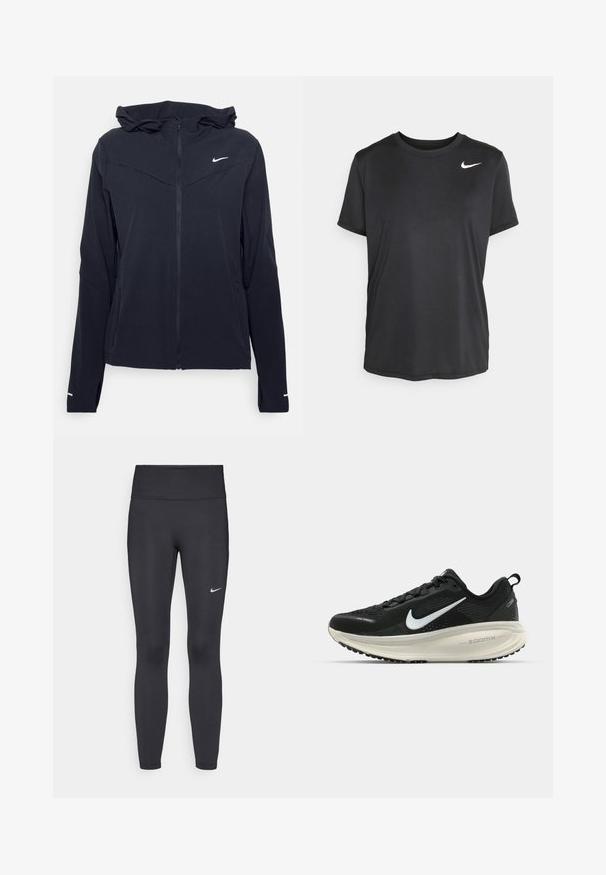 Nike Performance - Kurtka do biegania; Czarna sportowa koszulka z krótkim rękawem, wykonana z gładkiego, lekkiego materiału, z małym białym logo Nike na górnej lewej stronie.; Czarne legginsy z elastycznego materiału, z wysokim pasem i białym logo Nike na lewym udzie. Gładka tekstura, dopasowany krój.; Czarna biegowa półbut z oddychającej siateczki, białym logo swoosh, teksturowanymi detalami oraz kremową podeszwą środkową ZoomX.