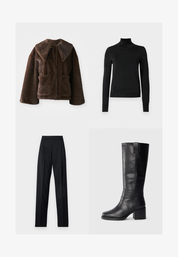Hnedá umelá kožušinová bunda so širokým golierom, predným zapínaním na viazanie, dlhými rukávmi a dvoma prednými vreckami na boku na bielom pozadí.; Čierny dlhý rukáv rolák s rebrovanými manžetami a lemom, zobrazený na čistej bielej pozadí.; Čierne nohavice vyrobené z hladkej látky s vysokým pásom, širokými nohavicami, prednými záhybmi a klasickými pútkami na opasok. Žiadne bočné vrecká nie sú viditeľné.; Čierne kožené čižmy po kolená so hladkou textúrou, štvorcovou špičkou, blokovým podpätkom a bočným úchytom, s minimálnymi švami.