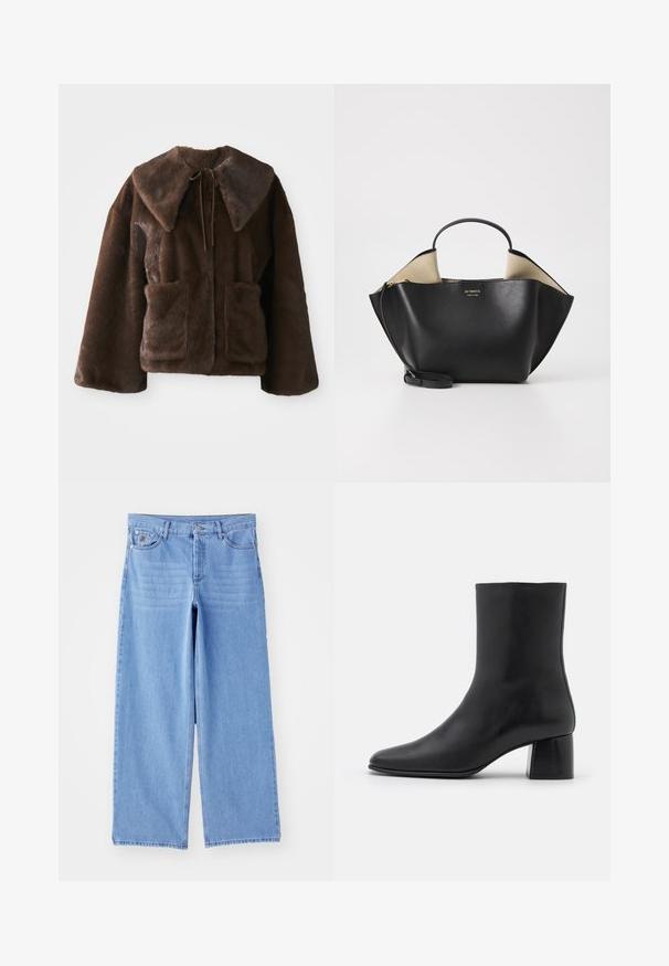 Pruun faux karusnahk jakk, kus on lai krae, ees sidumisvahe, pikad varrukad ja kaks ees paigaldatud taskut valgel taustal.; Must mustärg pikkade varrukatega topp, mis on valmistatud pehmest kangast. Topil on ümar kaelus ja lõdvem lõige, mille ääres on külgedel lõiked, et liikuda mugavalt.; Heledad sinine laiad teksapüksid, valmistatud denimist, klassikalise viie tasku kujundusega ja nupplukuga. Sile tekstuur, hõrenenud serv.; Must musta ankle boot terava nina ja turske ruudukujulise kontsaga. Sile tekstuur, sujuv disain ja minimaalne õmblus.; Ree Projects ANN TOTE MINI - Käekott - black