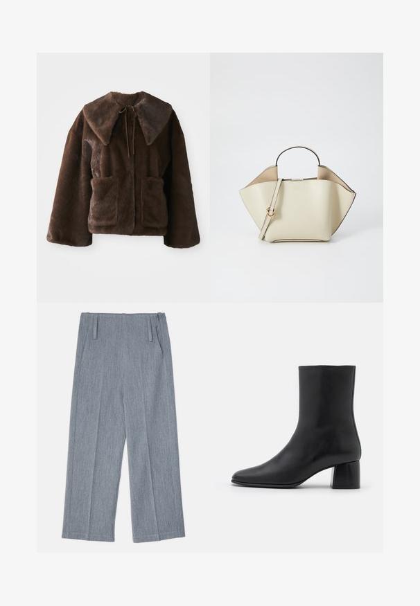 Barna műszőrme kabát széles gallérral, elülső megkötéssel, hosszú ujjakkal és két elülső zsebével, fehér háttér előtt.; Fekete, hosszú ujjú felső, puha szövetből készült, kerek nyakkivágással és laza szabással, az alján oldalhasítékokkal a mozgás könnyítése érdekében.; Világosszürke, bőszárú nadrág, texturált anyagból készült, két elülső redővel és két oldalsó zsebbel. Letisztult, igényes dizájn.; Fekete bőr bokacsizma hegyes orral és vastag, négyzet alakú sarokkal. Simább felület, mondanivaló nélküli dizájn és minimalista varrás.; Ree Projects ANN - Kézitáska - beige