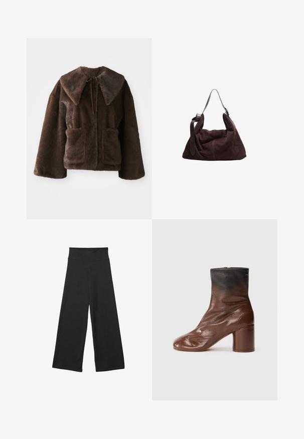 Veste en fausse fourrure marron avec un large col, fermeture par lien à l'avant, manches longues et deux poches plaquées à l'avant sur fond blanc.; T-shirt blanc oversize en coton doux. Il possède des manches courtes, un col rond et une coupe décontractée sans motifs ni accents visibles.; Pantalons larges noirs avec une taille élastique haute, en tissu doux et avec un ajustement loose, adaptés pour une tenue décontractée ou des environnements relaxants.; Bottine en cuir marron avec un bout arrondi, présentant une finition texturée, une partie supérieure noire et un talon épais. Fermeture zippée à l'arrière.; Sac hobo en daim marron foncé avec une large sangle en cuir réglable et un corps doux et décontracté sur fond blanc.