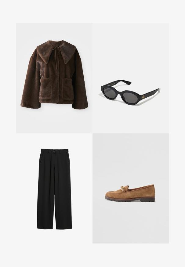 Brun fuskpälsjacka med bred krage, framknäppning med snörning, långa ärmar och två framfickor på en vit bakgrund.; Svart långärmad topp med draperad halsringning, tillverkad av ett mjukt och glatt material; figursydd design med rak fåll och inga synliga sömmar.; Svarta byxor med vida ben gjorda av ett glatt tyg, med resår i midjan, framfickor och en knappknäppning i midjan.; Tamaris Slip-ins - camel; Svarta ovala solglasögon med mörka linser och blank plastbåge. Utrustade med en gyllene logotyp på bågen, vilket ger en snygg och modern design.