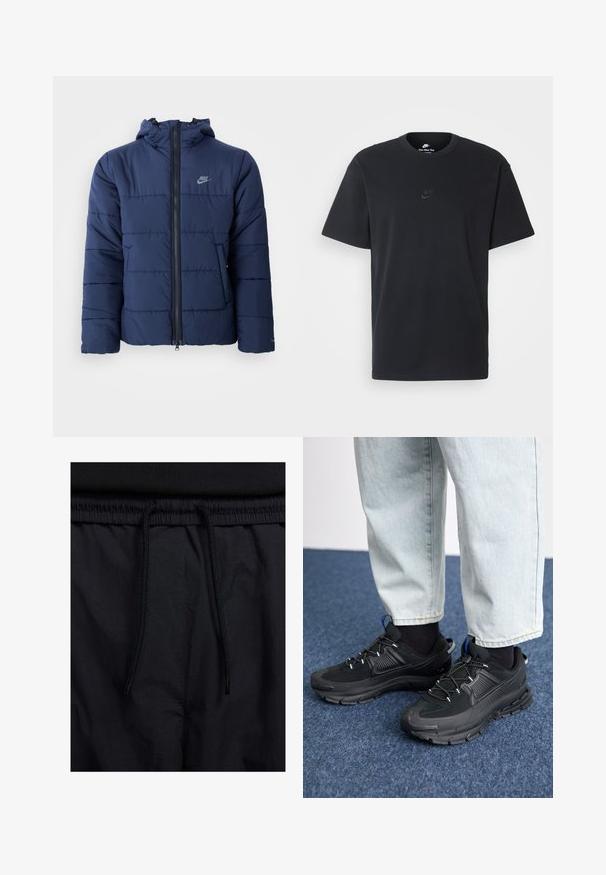 Casaco acolchoado azul-marinho com capuz, apresentando um fecho de correr frontal, padrão de costura horizontal e um pequeno logotipo no canto superior esquerdo do peito.; T-shirt de algodão preto da Nike com um clássico decote redondo, mangas curtas e um logótipo em relevo discreto no peito. Textura suave.; Calções pretos com um cós elástico ajustável, fabricados em tecido leve com uma textura suave e um design simples, sem logótipos ou padrões visíveis.; Sapatilhas desportivas pretas com tecido texturizado e solas em borracha, apresentando atacadores elásticos e um detalhe azul no calcanhar. Usadas com calças de ganga claras.