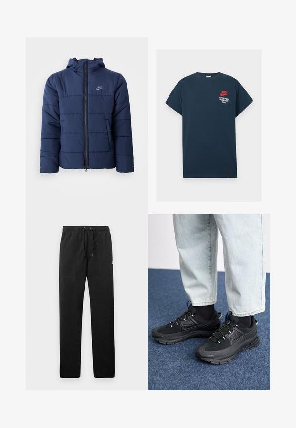 Temno modra puhovka z kapuco, ki ima sprednji zadrgo, vodoravno šivano strukturo in majhen logotip na zgornjem levem delu prsi.; Temno modra bombažna majica s kratkimi rokavi. Ima rdečo Nikeovo logo in belo besedilo "DOVOLJENI SAMO OSEBJU" na levem prsnem delu.; Črne trenirke iz flisa, z elastičnim pasom in vrvico, dvema sprednjima žepoma ter majhnim logotipom na stegnu.; Črne športne čevlje z teksturirano tkanino in gumijastimi podplati, ki imajo elastične vezalke ter modre poudarke na peti. Nosi se z lahkimi denim hlačami.