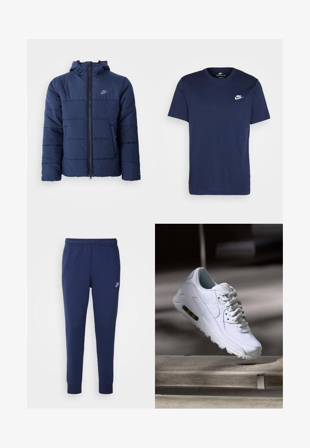 Marineblå puffjakke med hette, med glidelås foran, horisontalt sømdesign og en liten logo på øvre venstre bryst.; Mørkeblå bomulls T-skjorte med rund hals og korte ermer. Har en hvit Nike-logo på venstre bryst og en rett nedre kant.; Marineblå Nike joggebukser laget av myk bomullsblanding, med elastisk midje, smale ben og en liten hvit logo på siden.; Hvit lær sneakers med teksturerte overflater, polstret krage og synlig luftdemping i sålen. Har snøring og et minimalistisk design.