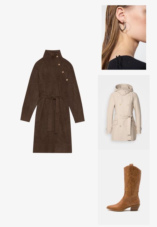 Beige trench coat with a hood, double-breasted design, large buttons, tie belt at waist, and side zippered pockets. Smooth fabric texture.; Brown knitted sweater dress with a high ribbed collar, side buttons, and a matching fabric belt. Ribbed cuffs and hem add texture.; Tan leather cowboy boot with pointed toe, embroidered swirl patterns on shaft, and a stacked block heel. Features a pull tab for easy wear.; Silver hoop earring with a polished finish, featuring small gold accent details and a round shape, worn on the lobe.
