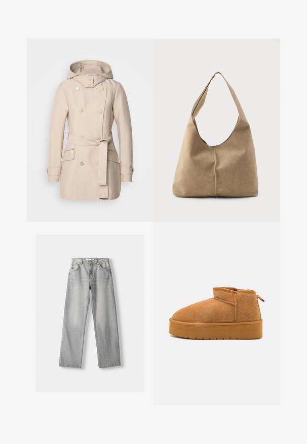 Beige esőkabát kapucnival, dupla soros gombolással, nagy gombokkal, derékban megkötött övvel és oldalsó cipzáros zsebekkel. Simaságú anyag.; Fehér rövidujjú blúz függőleges és chevron csíkokkal, elülső cipzárral, hegyes gallérral és két első zsebbel.; Világosszürke farmernadrág egyenes szárú fazonnal, két elülső zsebbel, gombos záródással és diszkrét fakulással a textúra érdekében.; Barna velúr bokacsizmák lekerekített orral, alacsonyított kialakítással és texturált gumitalppal, amelyen enyhe platform és húzófül található.; Puha bézs velúr hobo táska laza formával, széles vállpánttal és kézzel varrt varrási részlettel az elején.