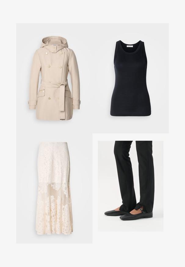Beige trenchcoat med hette, dobbeltspent design, store knapper, belte i midjen og sidelommer med glidelås. Glatt stofftekstur.; Svart tanktopp laget av myk, elastisk stoff. Har rund halsutskjæring og brede skulderstropper, med en tettsittende silhuett og jevn tekstur.; Blomsterbroderi midi skjørt i krem; har lagd design med gjennomsiktige seksjoner, teksturert blonde og flared kant.; Svart skinnballett-sko med spiss tå, stropp med sølvspenne, kombinert med svarte skreddersydde bukser med splitt i kanten.