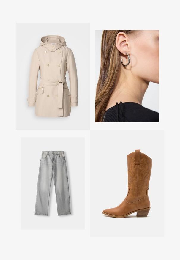 Beige trenchcoat med huva, dubbelknäppt design, stora knappar, bindebälte vid midjan och sidofickor med dragkedja. Slät tygstruktur.; Svart polotröja i elastiskt tyg. Har långa ärmar, en åtsittande design och en slät yta utan mönster eller dekorationer.; Ljusgrå denimjeans med rak passform, som har två framfickor, knappstängning och subtila blekningar för textur.; Bruna lädercowboystövlar med spetsig tå, broderade virvelmönster på skaftet och en staplad blockklack. Har en dragflik för enkel påtagning.; Silverörhänge med polerad yta, med små detaljer i guld och rund form, bärs på loben.