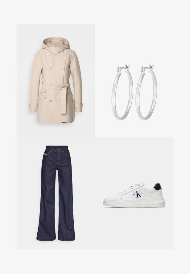 Beige trenchcoat med huva, dubbelknäppt design, stora knappar, bindebälte vid midjan och sidofickor med dragkedja. Slät tygstruktur.; Vitt bomulls-T-shirt med en tryckt illustration av två kvinnor i urbana mode stilar med en hund på ett övergångsställe och stadens byggnader.; Mörkblå vida jeans i denimtyg med hög midja, med orange sömmar, femficksdesign och knappstängning.; Vit lågtopp sneakers med svart hälflik, platåsål, snörning och Calvin Klein "CK" logotyp på sidan.; Silverfärgade hoopörhängen med en slät, polerad yta. Rund form och säker klickstängning. Lättviktig design som passar för vardagligt bruk.