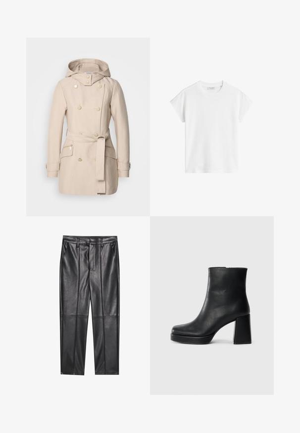 Beige trenchcoat med hette, dobbeltspent design, store knapper, belte i midjen og sidelommer med glidelås. Glatt stofftekstur.; Hvit kortermet t-skjorte laget av bomull. Har en avslappet passform med rund halslinning og lett senkede skuldersømmer. Ingen mønstre eller detaljer.; Sorte lærbukser med en glat tekstur, der har en lige pasform, to forlommer og synlige sømdetaljer.; Sorte skinnankelsko med blokkhæl og plattformsåle, sett fra siden på en enkel hvit bakgrunn.