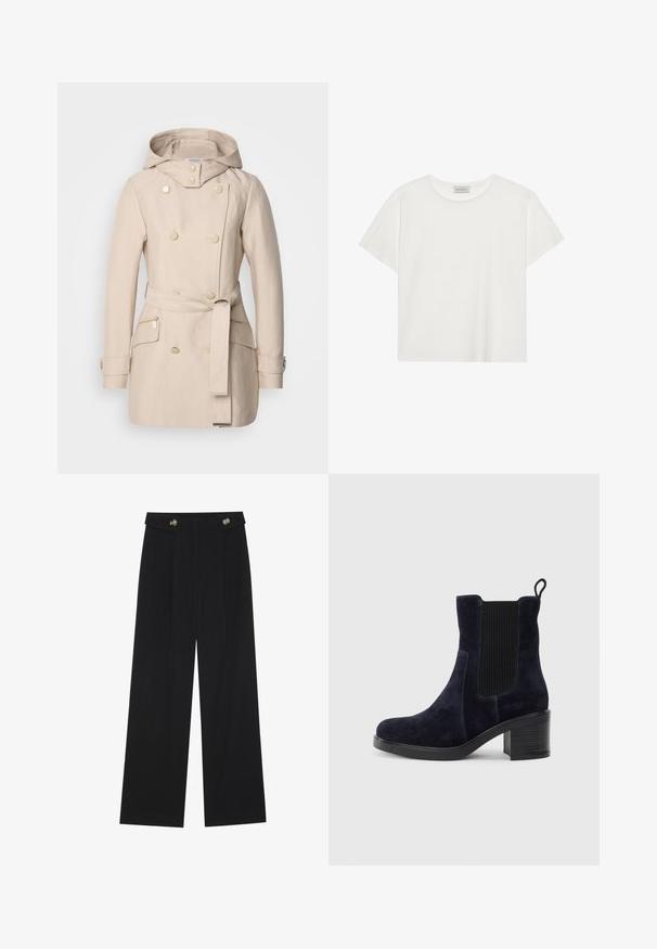 Beige trenchcoat med hette, dobbeltspent design, store knapper, belte i midjen og sidelommer med glidelås. Glatt stofftekstur.; Hvit T-skjorte med kort erm laget av myk bomull. Har rund hals og avslappet passform. Rent design uten synlige mønstre eller aksenter.; Svart vide bukser med høy midje, knappdetaljer på midjebåndet og frontplisser.; Mørkeblå skinn ankelsko med elastisk sidepanel, avrundet tå og blokkhelt. Tekstilt stoff og glatt såle gir kontrast.