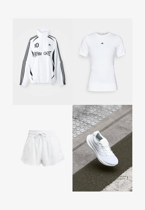 Bela jakna s črnimi detajli, z visokim ovratnikom, zadrgo spredaj, logotipom Adidas, velikim odtisom "10" in besedilom "TEAM GEIST".; Bela športna majica s kratkimi rokavi, narejena iz gladkega, elastičnega materiala. Na prsih ima majhen črn logotip Adidas.; Bela športna kratka hlače z elastičnim pasom in nastavljivim vrvico. Narejena iz lahkega materiala, z bočnimi žepi in ohlapnim prilegajočim se krojem.; Bela športna čevelj z zgornjim delom iz mrežastega materiala, vezalnim oblikovanjem in teksturiranim podplatom. Opazne so subtilne znamke in brezšivne konstrukcijske podrobnosti.