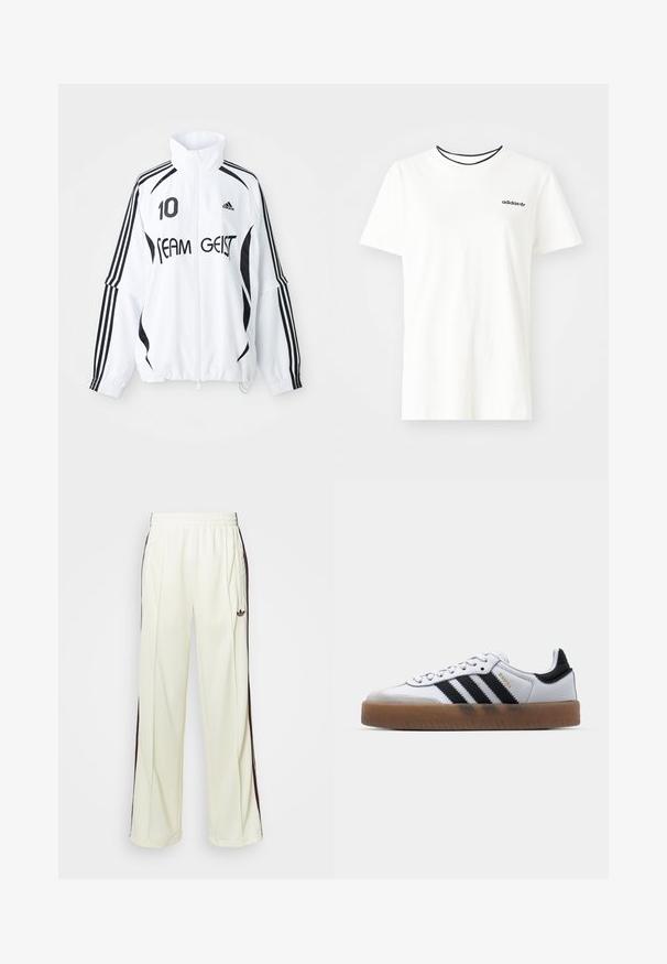 Hvit jakke med svarte detaljer, med høy krage, glidelås foran, Adidas-logo, stor "10" print og teksten "TEAM GEIST".; Hvit bomull t-skjorte med korte ermer og rund hals. Har en svart Adidas-logo på brystet og en kontrasterende svart indre krage.; Kremfargede joggebukser med en avslappet passform, som har mørkebrune sidestriper og en brodert logo på venstre lår.; Hvite lær sneakers med svarte striper, gummisåle, rund tå, snøring, og myk grå semsket tåhette.