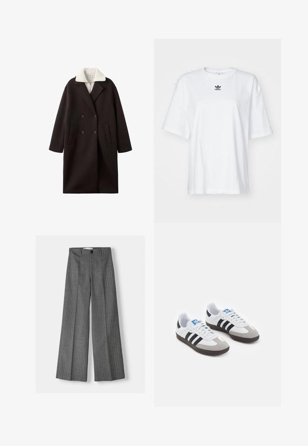 Čierny dvojradový kabát s krémovým golierom, ktorý má dve predné vrecká, strihovaný dizajn a jemnú textúru.; Biele tričko s krátkym rukávom vyrobené z bavlny. Má okrúhly výstrih a malé čierne logo Adidas na hrudi. Priamy strih spodného lemu.; Šedé široké nohavice s jemným prúžkom, s gombíkovým zapínaním a dvoma prednými vreckami. Vyrobené z textúrovanej látky.; Športové topánky s bielym koženým zvrškom, šedou semišovou špičkou a tromi čiernymi pruhmi. Obsahujú modré logo na jazyku a štruktúrovanú gumovú podrážku.