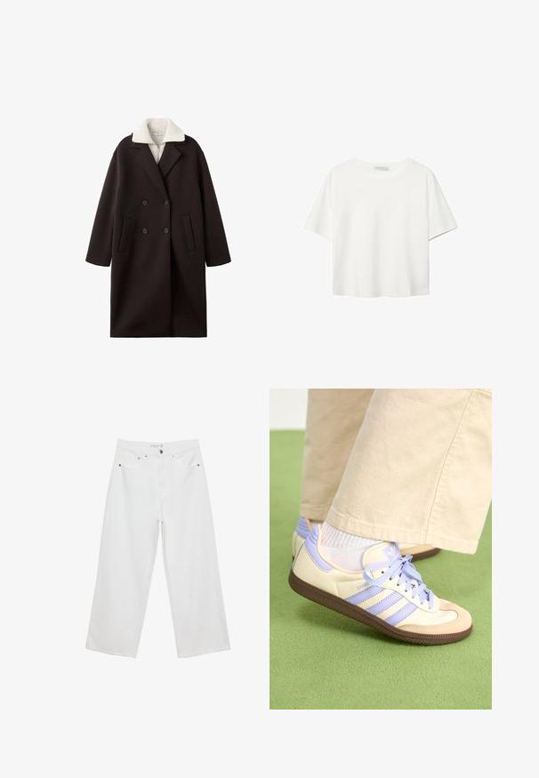Black double-breasted coat with a cream collar, featuring two front pockets, tailored design, and a soft texture.; White short-sleeve t-shirt made of cotton. Features a crew neckline and a relaxed fit. Smooth texture with no visible patterns or accents.; White wide-leg jeans made of denim with a high waist, featuring five pockets and metal hardware accents. Smooth texture, no visible patterns.; Cream and lavender sneakers with three stripes and a textured brown sole, featuring laces and a padded heel. Soft fabric upper.