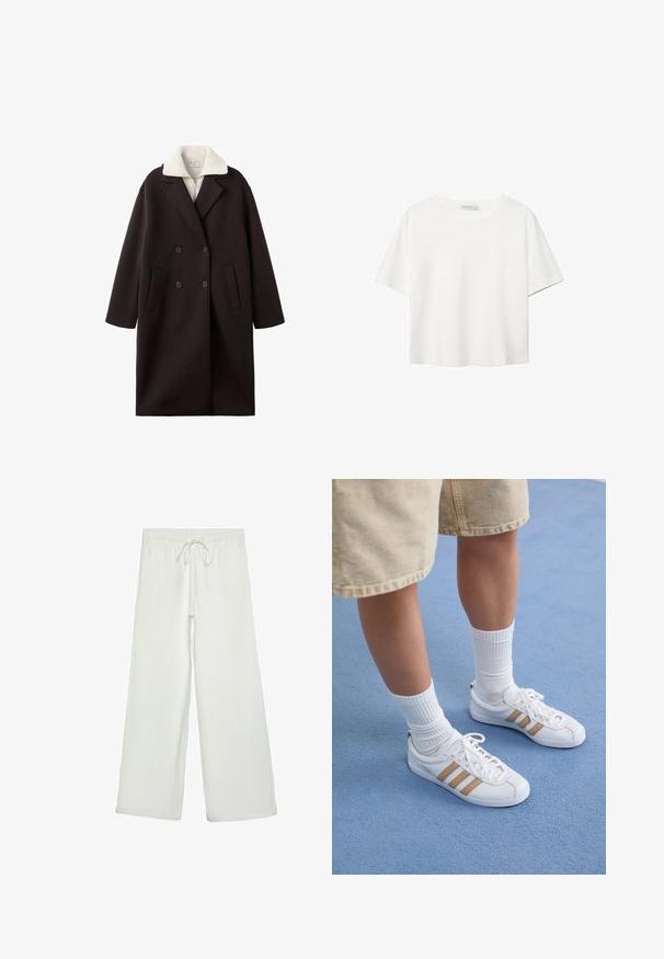 Musta kaksirivinen takki, jossa on vaalea kaulus, kahdella etutaskulla, muotoiltu malli ja pehmeä pinta.; Valkoinen lyhythihainen T-paita, joka on tehty puuvillasta. Siinä on pyöreä kaula-aukko ja rento malli. Silkkinen pinta ilman näkyviä kuvioita tai koristeita.; Valkoiset leveälahkeiset housut pehmeästä kankaasta. Varustettu joustavalla vyötäröllä ja nyörillä sekä sileällä pinnalla. Ei näkyviä kuvioita tai tarvikkeita.; Valkoiset tennarit, joissa on kolme kultasta raidat, nauhakiinnitys, kumipohja, yhdistettynä ribbatun valkoisen sukan ja beigen shortsien kanssa sinisellä pinnalla.