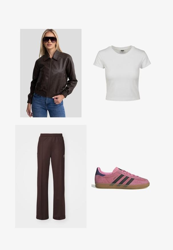 Barna bőr bomber dzseki, elöl zipzárral, nagy gallérral és gumírozott mandzsettákkal. Kék farmernadrággal és nagyméretű sötét napszemüveggel párosítva.; Fehér pamut póló klasszikus kerek nyakkal, rövid ujjal és testhezálló szabással. Nincsenek látható minták vagy díszítések.; Barna sport nadrág rugalmas derékkal, két oldalsó zsebbel és egy kis logóval a bal oldalon, puha anyagból készült.; Rózsaszín velúr sportcipő fekete csíkkal, gumi talppal és texturált lila sarokkal. Fűzős kialakítással és a márka dombornyomott logójával az oldalon.