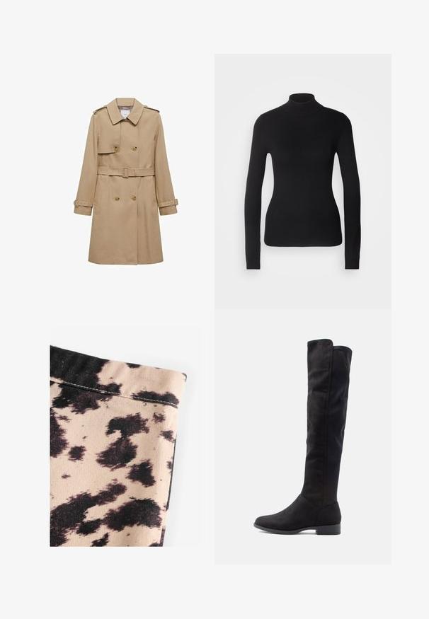 Beige trench coat med dobbeltradet front, bælte i taljen og skulderepauletter. Har lange ærmer og sidelommer.; Sort turtleneck sweater lavet af let strikket stof. Har lange ærmer, et tætsiddende design og en blød ribbet tekstur.; Beige stof med sort kvægprint mønster, der har ribbet tekstur og enkle syninger. Ingen synlig hardware eller detaljer.; Knee-høje sorte ruskindstøvler med en glat tekstur, rund tå og en lav blokhæl; minimalistisk design uden synligt udstyr.
