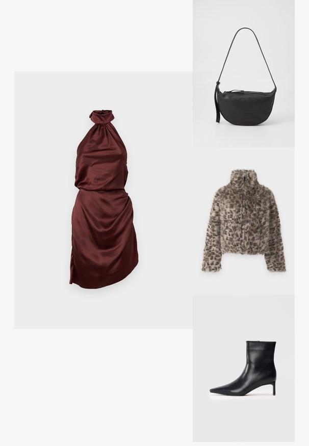 Kort fuskpälsjacka med hög krage. Brunt och beige leopardmönster med mjuk, fluffig textur. Har helärmar och dragkedjestängning.; Burgundy satin halterneck klänning med en samlad neckline, figurnära bodice och draperad kjol, med en sidofåra. Slät textur.; Svart läderankelboot med spetsig tå, elegant design och smal kittenklack. Slät yta utan synliga dekorationer.; Svart läder axelväska med rundad form, en rem, dragkedjestängning och subtila stickningar längs kroppen.