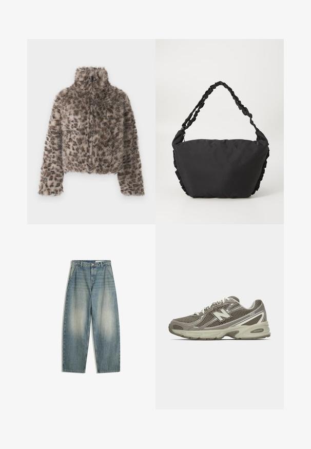 Rövidített, műszőrme dzseki magas gallérral. Barna és bézs leopárd mintával, puha, bolyhos textúrával. Teljes hosszúságú ujjakkal és cipzáros záródással rendelkezik.; Krém színű, hosszú ujjú póló, amelynek élénk piros szövege olvasható: "COPENHAGEN" íves kialakításban. Puha pamut anyag. Normál szabás.; Kék, széles szárú, halványított farmernadrág elülső zsebekkel, övhurkokkal, cipzárral és gombos záródással, fehér háttéren vízszintesen elhelyezve.; Szürke és bézs, texturált felületű hálós sportcipő, párnázott talppal, fehér fűzőkkel és fényvisszaverő ezüst részletekkel.; Fekete szövet táska, puha, de mégis formás testtel, amelynek oldalán fodros részletek találhatóak. Hordozásra alkalmas, fonott pánttal rendelkezik.