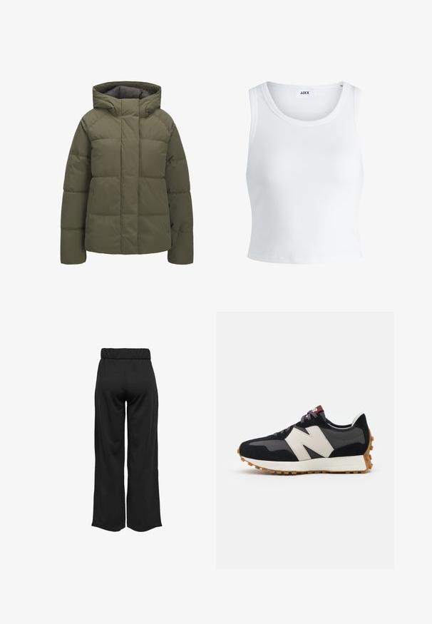 Olive rohelises puffer-jakk, millel on kapuuts, tikandmustrit, eest lukuga sulejope ja küljetaskud. Vastupidav, veekindel kangas.; Valge ribakujuline tank top, millel on ümmargune kaelus, varrukateta disain ja lühike pikkus. Silt ütleb "JJXX." Sile kangast tekstuur.; Mustad, laiad püksid elastse vöökohtaga, valmistatud siledast kangast. Omab lihtsat disaini, ilma taskute või nähtavate õmbluste detailideta.; Mustmust ja halli nubukist tennisajal on suur kreemjas "N" logo, lilla paelad ja tekstureeritud kummist välispohja.