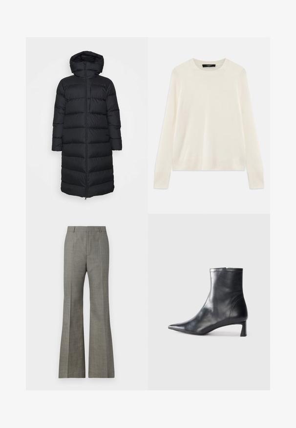 Fekete puffernadrág, kapucnival, egyenes szabással, vízszintes steppeléssel és elülső cipzárral. Simább, könnyű anyag.; Krém színű kötött pulóver, kerek nyakkivágással, hosszú ujjal és bordázott részletekkel az ujjak végén és az alján. Puha, finom tapintású.; Szürke, trapéz szabású nadrág, texturált anyagból készült, szabott fazonnal, finom kockás mintázattal és elöl hajtott redőkkel a kifinomult megjelenés érdekében.; Fekete bőr bokacsizma hegyes orral és letisztult dizájnnal. Alacsony sarka és hátsó cipzáras záródása van. Simának tűnő textúra.