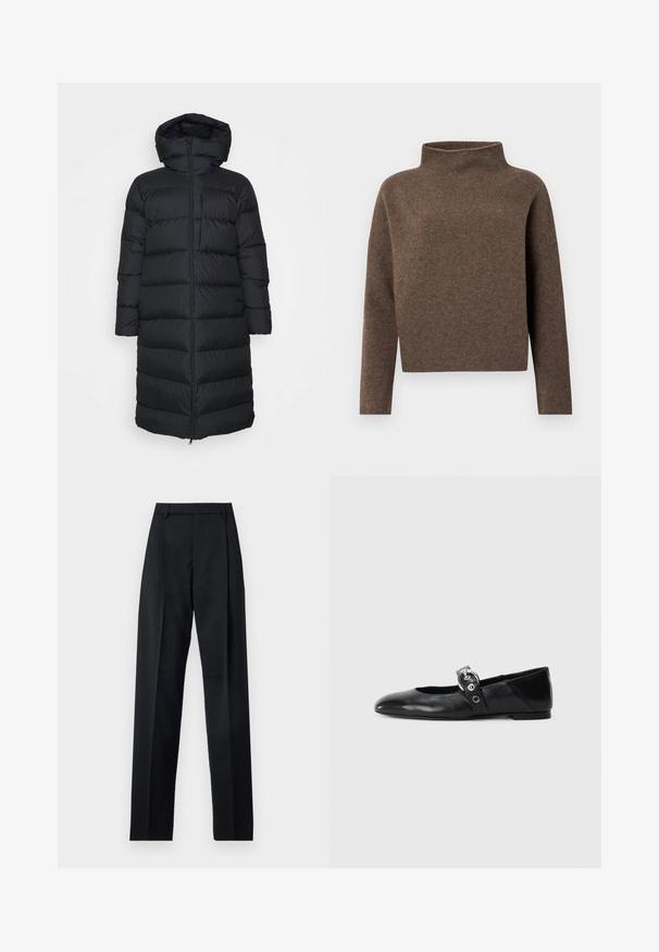 Must punktitud must puffer jakk kapuutsiga, sirge lõike, horisontaalse tikandi mustriga ja esi Lukuga. Sile, kerge kangas.; Pruun, lühendatud sviiter kõrge, voltitud kaelusega, pikkade varrukatega ja pehme, tekstuurse kangaga. Minimalistlik disain, ilma nähtava riistvarata.; Mustad püksid siledast kangast, millel on kõrge vöökoht, laiad jalad, esimesed kortsud ja klassikalised vööloopid. Küljepockets pole nähtavad.; Mustadest nahast balleti kingad terava varbaga, millel on rihm ümmarguse metallist pandlaga ja lame tald.