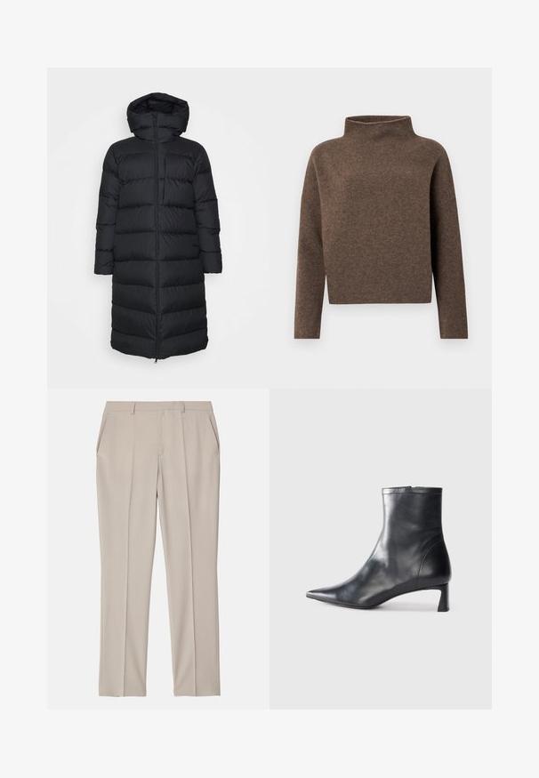 Zwarte gewatteerde jas met capuchon, met een rechte snit, horizontaal gestikt patroon en een ritsluiting aan de voorkant. Glad, lichtgewicht materiaal.; Bruin, cropped trui met een hoge, omgeslagen kraag, lange mouwen en een zachte, gestructureerde stof. Minimalistisch ontwerp zonder zichtbare hardware.; Filippa K EMMA TROUSERS - Broek - desert tau; Zwarte leren enkellaars met een spitse neus en een slank ontwerp. Heeft een lage hak en een ritssluiting aan de achterkant. Gladde textuur.
