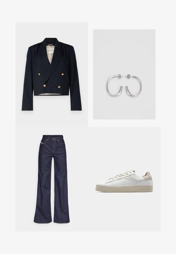 Tumši zila kropta žakete ar divrindu dizainu, zelta pogām un satīna apdari. Iekļauj ikonu atloku un iekšējo oderi.; Balta kokvilnas T-krekls ar divu sieviešu, kas ģērbtas urbanā stilā, zīmējumu, uz kura redzams suns uz gājēju pārejas un pilsētas ēkas.; Tumši zili platleņķa džinsi no denima auduma ar augstu jostasvietu, ar oranžām šuvēm, piecu kabatu dizainu un pogu aizdari.; Baltas ādas sporta apavi ar gludu virsmu, bēšas zamša akcenti, apaļa pirksta forma, plakans šņorēšanas dizains un tekstūrota gumijas zole.; Sudraba riņķveida auskari ar gludu, spīdīgu apdari. Apaļas formas, viegla dizaina, ar aizdari uz stieples.