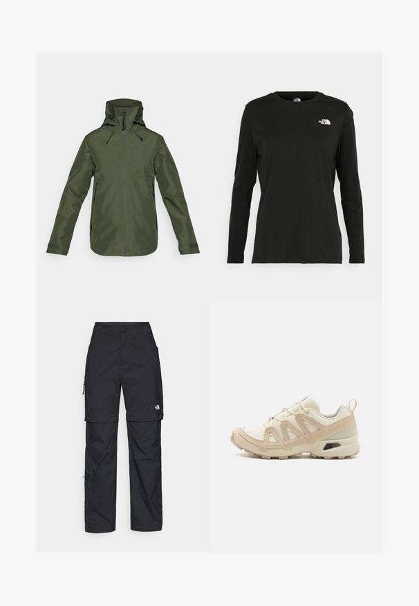 Olive zelená nepremokavá bunda s nastaviteľnou kapucňou, predným zipsom, bočnými vreckami na zips a suchým zipsom na zápästiach.; Čierne tričko s dlhým rukávom vyrobené z bavlny s okrúhlym výstrihom. Obsahuje malé biele logo na ľavej strane hrudníka. Jednoduchý dizajn a strih.; Čierne nylonové cargo nohavice s odnímateľnými nohavicami, nastaviteľnými manžetami, viacerými vreckami a logom na pravej nohe. Hladká, ľahká textúra.; Beige a krémová športová obuv s textúrovaným sieťovým zvrškom, podporujúcimi prekrytiami a gumovou podrážkou s dezénom pre trakciu.
