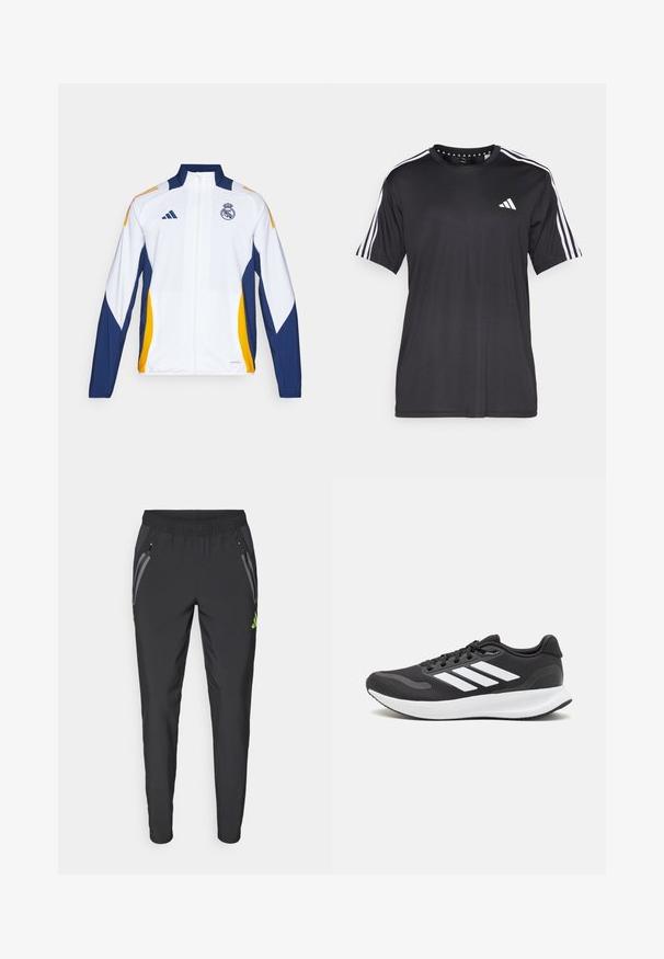 adidas Performance REAL MADRID 24/25 PRESENTATION - Klub merchandise - white/crew orange/navy blue; Sort kortærmet t-shirt med hvidt tre-stribedesign på skuldrene og logo på brystet. Lavet af åndbart stof med en glat tekstur.; adidas Performance REAL MADRID TIRO25 PRO VIS TECH TRAVEL PANT - Klub merchandise - black/lucid lemon; Sort atletik sko med åndbart mesh-overdel, hvide accenter og en polstret sål. Har tre-stripes logo på siden.