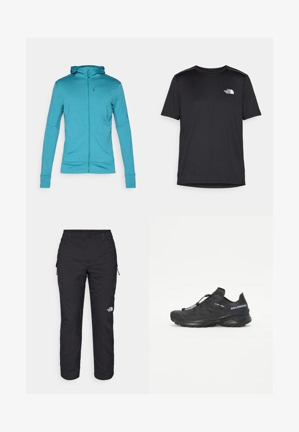 Τιρκουάζ μπλε φούτερ με φερμουάρ και μακριά μανίκια, με τρύπες για τους αντίχειρες και εφαρμοστά μανίκια, σε απλή φωτεινή φόντο.; Μαύρο κοντομάνικο T-shirt φτιαγμένο από ελαφρύ ύφασμα. Έχει ένα μικρό λευκό λογότυπο στο αριστερό στήθος και διακριτικές λεπτομέρειες στους ώμους.; The North Face WINTER EXPLORATION TAPERED CARGO - Παντελόνι εξωτερικού χώρου - black; Μαύρο αθλητικό παπούτσι τρεξίματος με υφή στην επιφάνεια, ελαστικά κορδόνια και σόλα Contagrip. Διαθέτει σφιχτή εφαρμογή και προστατευτικό καπάκι δαχτύλου.