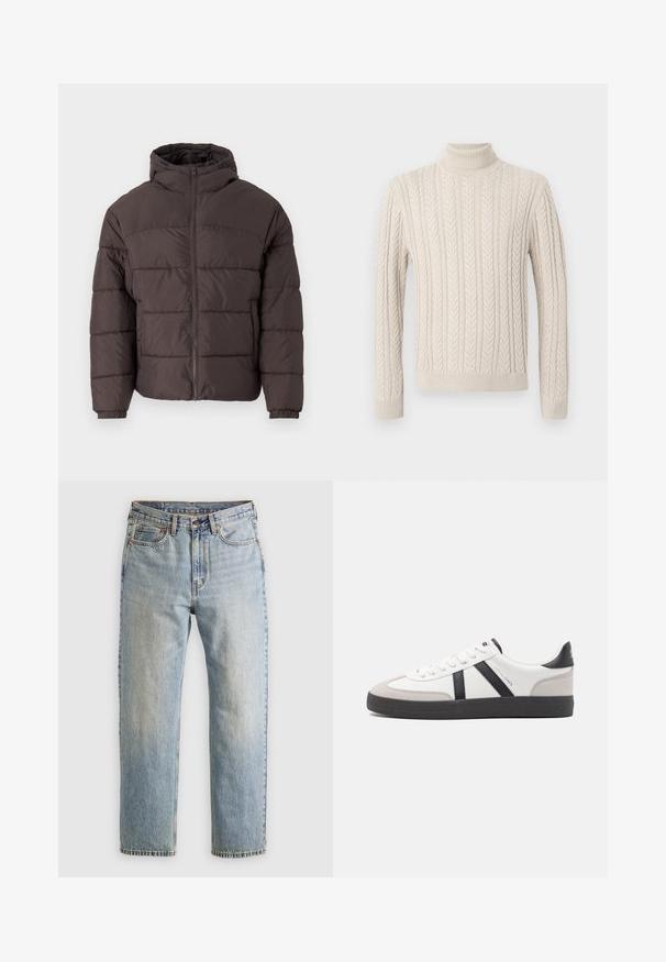 PRUUNI PUFFERMANTEL KAPUUTSIGA, MIS OMAB KETTASULGUST, ELASTSEID KÄISED JA HORISONTAAALSEID QUILTIGI ÜKSIKSUJA MATERJALI KATTEGA.; Beige, kootud sviiter kõrge soonikuline kaelus. Omab tekstuuriga nöörmustrit ning soonikuid varrukaid ja alumist äärt, pakkudes hubast välimust.; Heledad hele sinine teksapükste kõrge vöökoht, ees nupuga, lukuga ja viie taskuga disain, asetatud tasasele neutraalsele taustale.; Valged tossud mustade ja hallide aktsentidega, tekstureeritud halli varbakattega, musta kummitald ja lamedad valged paelad. Puhtad jooned, minimalistlik stiil.