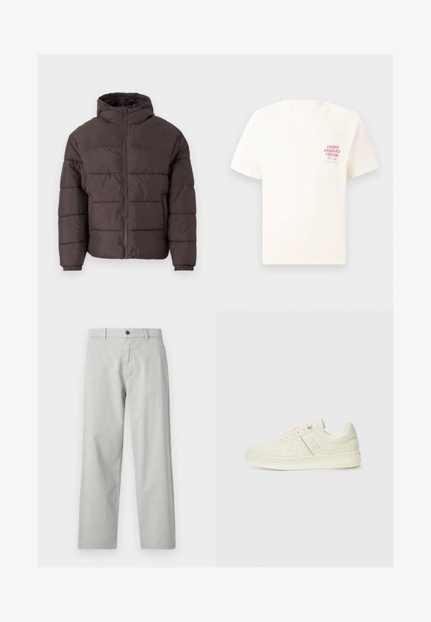 Hnedá nafukovacia bunda s kapucňou, so zipsom vpredu, elastickými manžetami a vodorovným prešívaním na izoláciu. Textúrovaný povrch.; Biele tričko s krátkym rukávom s červeným textom "Studio Originals Edition" na ľavej hrudi, zobrazené na neutrálnom šedom pozadí.; Svetlošedé nohavice s rovnými nohavicami vyrobené z hladkej tkaniny. Majú predné zapínanie na gombík a bočné vrecká. Minimalistický štýl.; Krémová teniska s perforovanými detailmi, šnúrkami a logom na boku, vystavená na jednoduchej bielej pozadí.