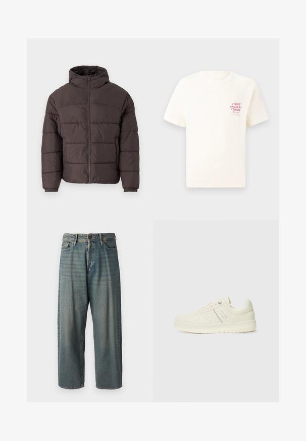Brun puffjakke med hette, med glidelås foran, elastiske mansjetter og horisontalt quilting for isolasjon. Teksturert stofffinish.; Hvit T-skjorte med korte ermer og rød tekst "Studio Originals Edition" på venstre bryst, vist på en nøytral grå bakgrunn.; Lyseblå denimjeans med løs passform, midjehøyde og rette ben. Har fem lommer, beltehemper og knappelukking.; Kremfargede sneakers med perforerte detaljer, snøring og logo på siden, vist mot en enkel hvit bakgrunn.