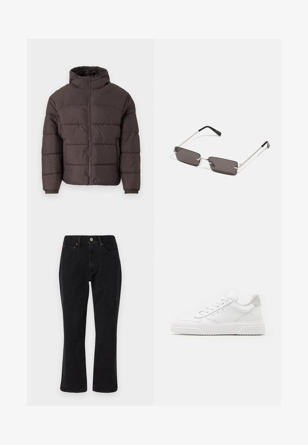 Barna puffa dzseki kapucnival, elülső cipzárral, rugalmas mandzsettákkal és vízszintes steppeléssel a szigetelés érdekében. Texturált szövetfelület.; Fehér pamut póló, rövid ujjakkal, kerek nyakkal, elöl piros grafikus felirattal: "ÍZLETES FRESKÉLŐ GYÜMÖLCS".; Fekete farmernadrág egyenes szabású dizájnnal, öt zsebes stílussal és réz árnyalatú fém kiegészítőkkel. Simító textúra és közepes derékmagasság.; Fehér bőr sportcipő sima felülettel, kerek orral, lapos fűzőkkel és textúrált talppal. Szürke velúr díszítés a saroknál.; Napszemüveg téglalap alakú, sötétszürke lencsékkel, ezüstszínű fémkerettel és fekete műanyag végű szárakkal. Könnyű kivitel, orrpárnákkal.