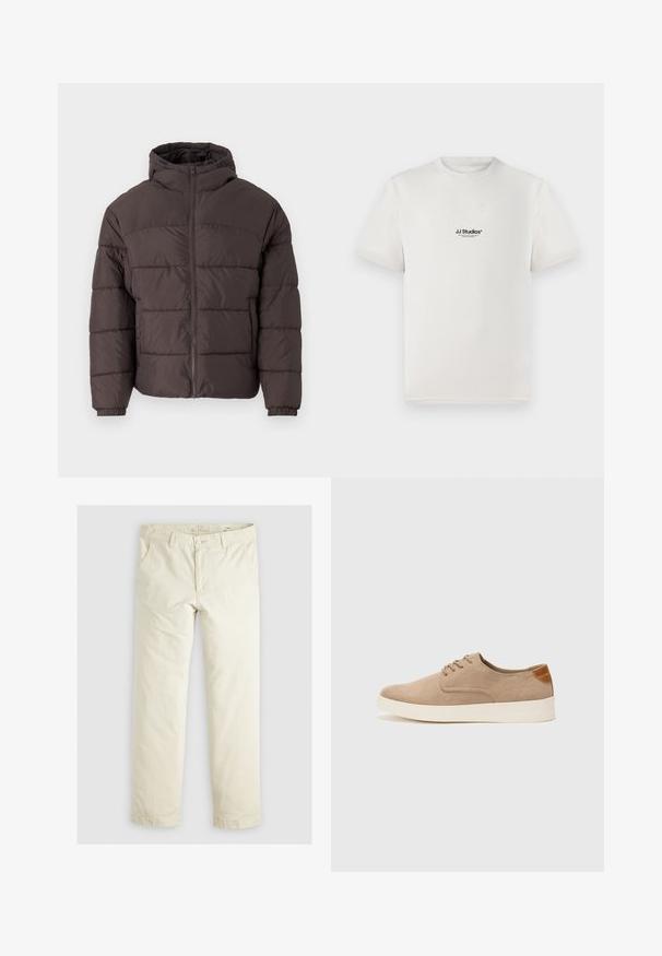Rjava jakna s puhom in kapuco, z zadrgo na sprednji strani, elastičnimi manšetami in horizontalnim prešitim vzorcem za izolacijo. Teksturno zaključena tkanina.; Bela bombažna majica s kratkimi rokavi, ki na prsih nosi črni logotip "JJ Studios". Ima krožni ovratnik in standardno prileganje.; Svetlo bež hlače širokega kroja s tremi žepi, zankami za pas in ravnim krojem. Narejene so iz mešanice mehkega bombaža.; Bež tkanine usnjene superge z zaobljenim nosom, vezalkami na sprednji strani in teksturiranim zadnjim detajlom. Belo gumijasto podplato zagotavlja kontrast. Enostaven in sodoben dizajn.