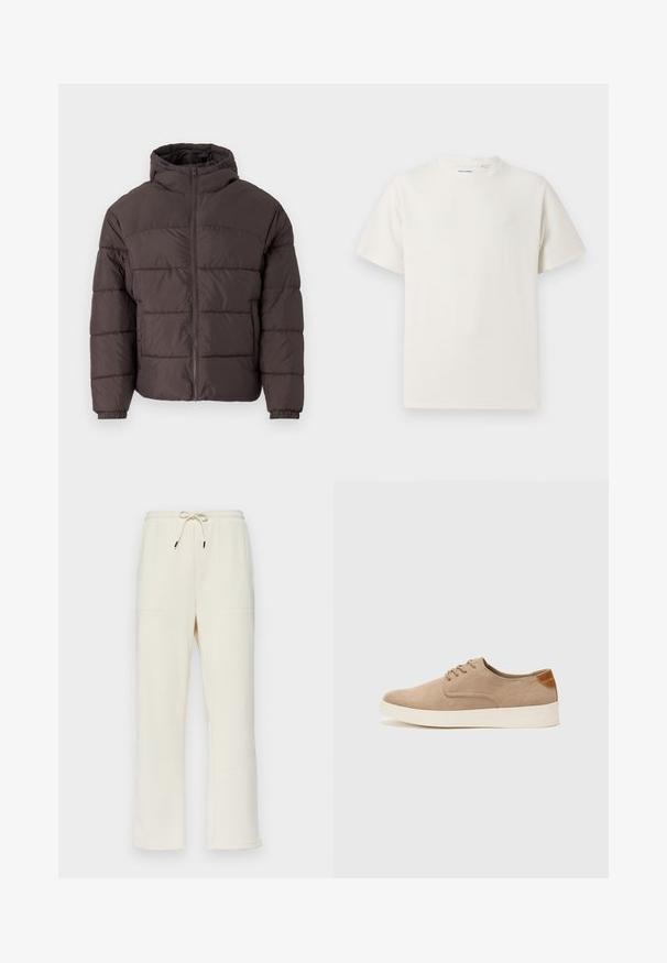 Braune Steppjacke mit Kapuze, ausgestattet mit einem Reißverschluss vorne, elastischen Bündchen und horizontaler Steppung zur Isolierung. Strukturierte Stoffoberfläche.; Weißes T-Shirt mit kurzen Ärmeln in gerippter Textur. Runder Ausschnitt, lockere Passform, keine sichtbaren Muster oder Akzente. Einfaches und vielseitiges Design.; Ecrufarbene, gerippte Sweatpants mit einem Kordelzugbund, die zwei Seitentaschen und ein gerades Bein-Design aufweisen.; Beige Wildleder-Sneaker mit runder Zehenpartie, Schnürung und strukturiertem Rückenteil. Die weiße Gummisohle sorgt für einen Kontrast. Einfaches und modernes Design.