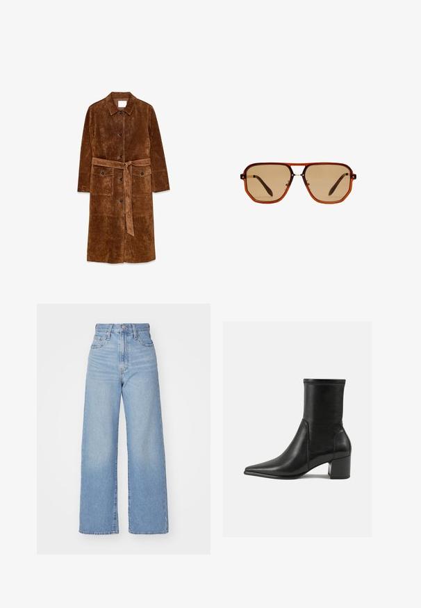 Brun mocka lång kappa med krage, framknäppning, två fickor och ett matchande midjeband. Mjuk textur med en slät yta.; Ljust beige tyg med en vikt ärm, som visar en jämn struktur och mjuk utseende, vilket framhäver sin enkelhet och elegans.; Ljusblå högmidjade vida jeans med knapp- och dragkedjestängning, fram- och bakfickor, mot en vit bakgrund.; Svart ankelboot i slät läder, med en spetsig tå, en blockklack och distinkt upphöjd söm längs den övre kanten.; Bruna oktagonala solglasögon med en transparent amberbåge och brunt tonade linser. Har en metalldetalj vid näsbroen och slanka bögar.; Guldörhängen i form av ringar med rektangulär form, slät yta och rundade kanter. Har en säker stängning för ökad stabilitet.