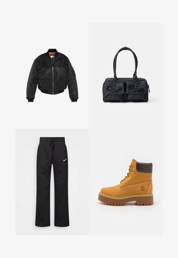Schwarze Bomberjacke aus glänzendem Nylon, mit gerippten Bündchen und Saum, orangefarbenem Futter und mehreren Taschen, einschließlich einer mit Reißverschluss versehenen Armtasche.; Schwarzer Kapuzenpullover aus weichem Material, mit weißem Drucktext und Mustern, sowie Akzentdetails an den Ärmeln.; Schwarze Sweatpants aus einem Baumwollmix, mit einem Kordelzugbund, geraden Beinen und einem weißen Nike-Logo auf der linken Seite.; Beige, wasserdichte Stiefelette mit einer robusten Gummisohle, runder Zehenpartie, braunem Lederkragen, gelben Schnürsenkeln und einem Logo an der Seite.; Schwarze Stoffhandtasche mit zwei vorderen Taschen, die mit Schleifendetails versehen sind, doppelten Griffen und einem Reißverschluss. Weiche Textur und rechteckige Form.
