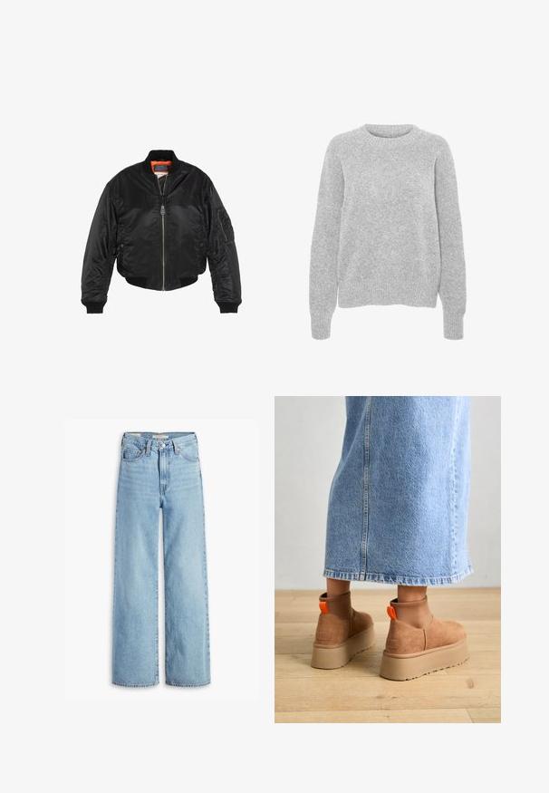 Schwarze Bomberjacke aus glänzendem Nylon, mit gerippten Bündchen und Saum, orangefarbenem Futter und mehreren Taschen, einschließlich einer mit Reißverschluss versehenen Armtasche.; Grauer Strickpullover mit langen Ärmeln, Rundhalsausschnitt, gerippten Bündchen und Saum, mit weicher Textur und lockerer Passform.; Hochgeschnittene, hellblaue Schlagjeans mit Frontknopf und Reißverschluss, Gürtelschlaufen und fünf Taschen.; Braune Wildleder-Plateau-Stiefel mit elastischen Seitenpaneelen und orangen Zuglaschen, kombiniert mit einem knielangen hellen Jeansrock auf einem Holzboden.