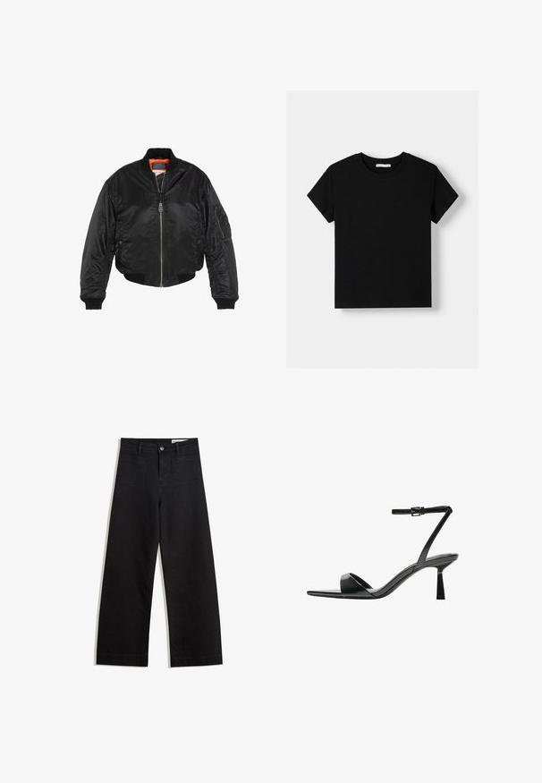 Giacca bomber nera realizzata in nylon lucido, presenta polsini e orlo a coste, foderata in arancione e dotata di più tasche, tra cui una tasca con cerniera sul braccio.; T-shirt nera in cotone con maniche corte, scollatura rotonda e vestibilità comoda. Design semplice senza motivi o decorazioni.; Pantaloni in denim neri a gamba larga con vita alta, dotati di tasche anteriori e posteriori, cuciture a punto, e chiusura con bottone. Texture liscia.; Bershka Sandali con tacco - black