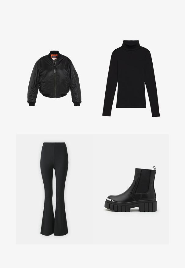 Giacca bomber nera realizzata in nylon lucido, presenta polsini e orlo a coste, foderata in arancione e dotata di più tasche, tra cui una tasca con cerniera sul braccio.; Maglione a collo alto nero a maniche lunghe, realizzato in tessuto a coste, presenta un design aderente con un collo alto e senza motivi o dettagli.; Pantaloni neri a campana realizzati in tessuto elastico. Presentano una vita alta e un design liscio e aderente che si allarga dal ginocchio in giù.; Stivali neri alla caviglia in pelle liscia con pannelli elasticizzati, suola a piattaforma spessa e punta metallica.