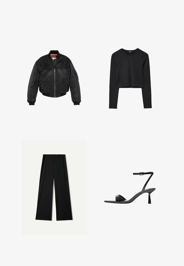 Schwarze Bomberjacke aus glänzendem Nylon, mit gerippten Bündchen und Saum, orangefarbenem Futter und mehreren Taschen, einschließlich einer mit Reißverschluss versehenen Armtasche.; Schwarzes, langärmliges, kurz geschnittenes Oberteil mit Rundhalsausschnitt, schlichter Gestaltung und leicht abgerundetem Saum.; Bershka WIDE - Stoffhose - black; Bershka High Heel Sandalette - black