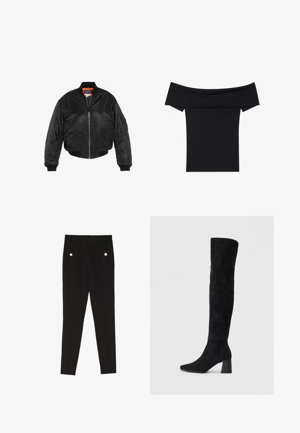 Zwarte bomberjack van glanzend nylon, voorzien van ribgebreide manchetten en zoom, oranje voering en meerdere zakken, waaronder een met rits afgesloten zak op de arm.; Zwarte off-the-shoulder top van zachte stretchstof. Beschikt over korte mouwen en een aansluitende pasvorm. Eenvoudig, naadloos ontwerp.; Zwarte op maat gemaakte broeken met een gladde textuur, voorzien van twee voorkruim pockets met decoratieve hardwareaccenten en een slim-fit ontwerp.; Zwarte suède kniehoge laars met blokhak, spitse neus en een glad, naadloos ontwerp op een effen lichte achtergrond.