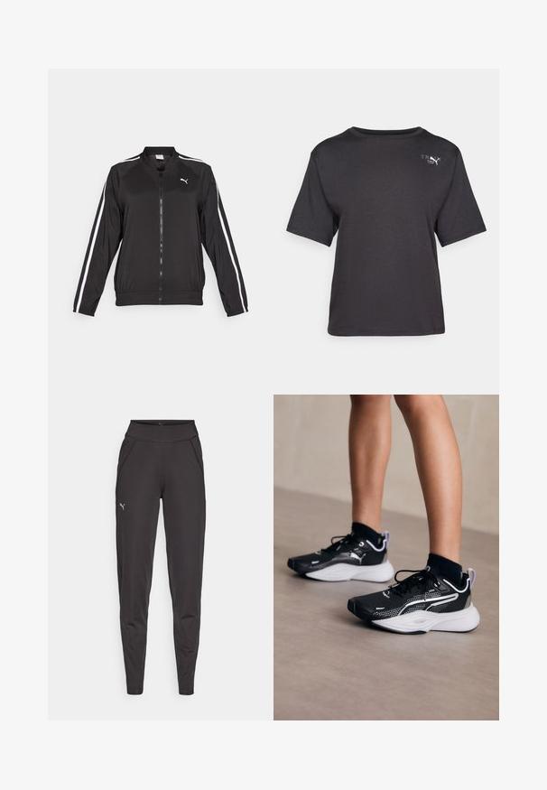 Fekete futódzseki sima anyagból, fehér oldalsávokkal, álló gallérral és elülső cipzárral, mellkason hímzett logóval.; Fekete, rövid ujjú póló, puha anyagból készült, kerek nyakkivágással és egy kis logóval a bal felső oldalon.; Fekete sportleggings rugalmas anyagból, magas derékkal, oldalsó zsebekkel és egy kis fényvisszaverő logóval a bal combján.; Fekete sportcipők fehér kiegészítőkkel, hálós felsőrésszel, fűzőkkel és párnázott sarokkal. A talp textúrázott, amely tapadást biztosít.