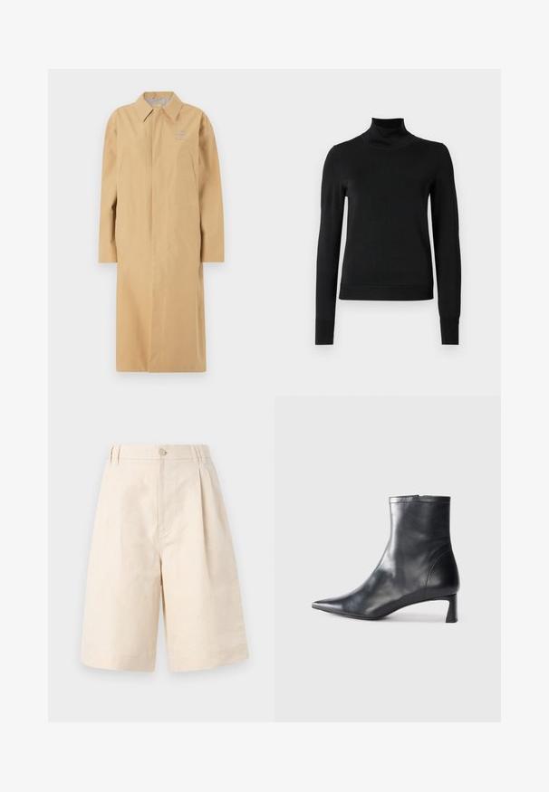 Beżowy płaszcz przeciwdeszczowy wykonany z wodoodpornego materiału, z kołnierzem, długimi rękawami, bocznymi kieszeniami i zapięciem na guziki z przodu.; Czarny sweter z długim rękawem i stojącym kołnierzem, z prążkowanymi mankietami i dołem, zaprezentowany na białym tle.; Beżowe lniane szorty o luźnym kroju, z zapięciem na guzik, plisowanym designie i długości sięgającej kolan. Gładka tekstura i prosty styl.; Czarne skórzane botki sięgające kostki z ostrym noskiem i eleganckim designem. Posiadają niski obcas oraz zamek błyskawiczny z tyłu. Gładka faktura.