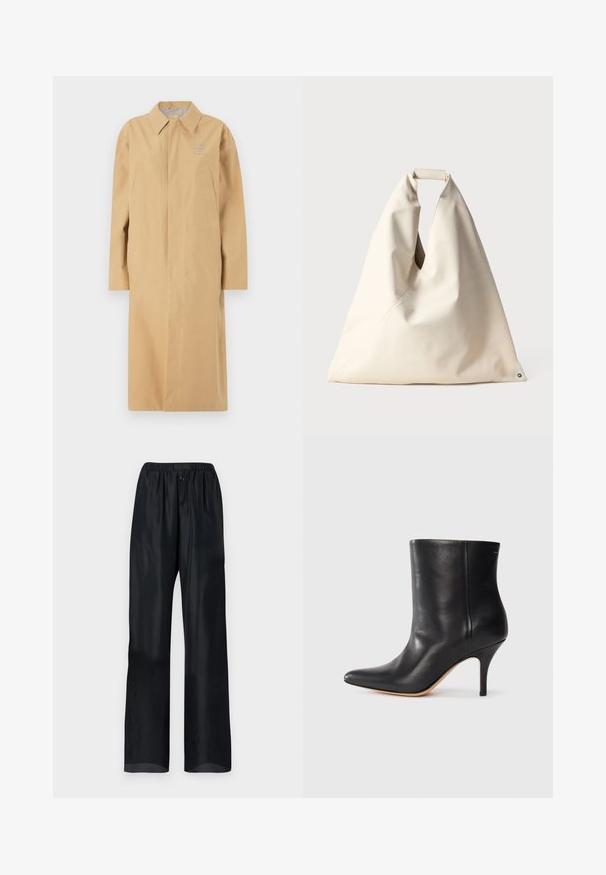 Béžový deštník vyrobený z voděodolné látky, s límečkem, dlouhými rukávy, bočními kapsami a zapínáním na knoflíky vpředu.; Černé bavlněné tričko s krátkým rukávem, kulatým výstřihem a malým grafickým potiskem ve světlejším odstínu na přední straně.; Černé, lehké kalhoty s volným střihem, s elastickým pasem a dvěma předními knoflíky. Hladká textura s rovnými nohavicemi.; Černá kožená kotníková bota s špičatou špičkou, štíhlým jehlovým podpatkem a hladkým povrchem. Minimalistický design bez viditelného hardwaru nebo akcentů.; Béžová taška s měkkou texturou, unikátním zakrouceným uchem a diagonálním švem. Minimalistický design s kulatým akcentem na dně.